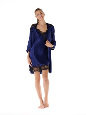 Noirelle Eclipse Collection Silk Robe in Nocturne Blue, front view, worn open over slip