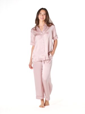 Noirelle Eclipse Collection Silk Shirt in Blush Whisper, front view, hand in pocket
