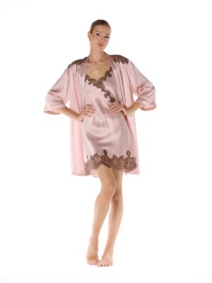 Noirelle Eclipse Collection Silk Robe in Blush Whisper, front view, worn over slip, hands on hips