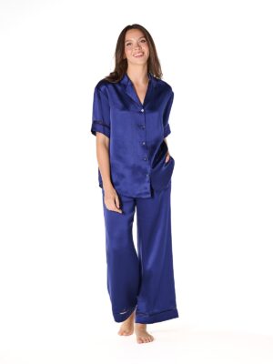 Noirelle Eclipse Collection Silk Shirt in Nocturne Blue, front view, hand in pocket